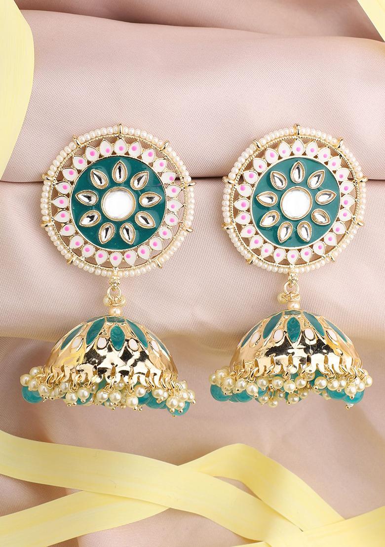 Ethnic Look Gold Tone Meenakari Green Floral Jhumka Earring