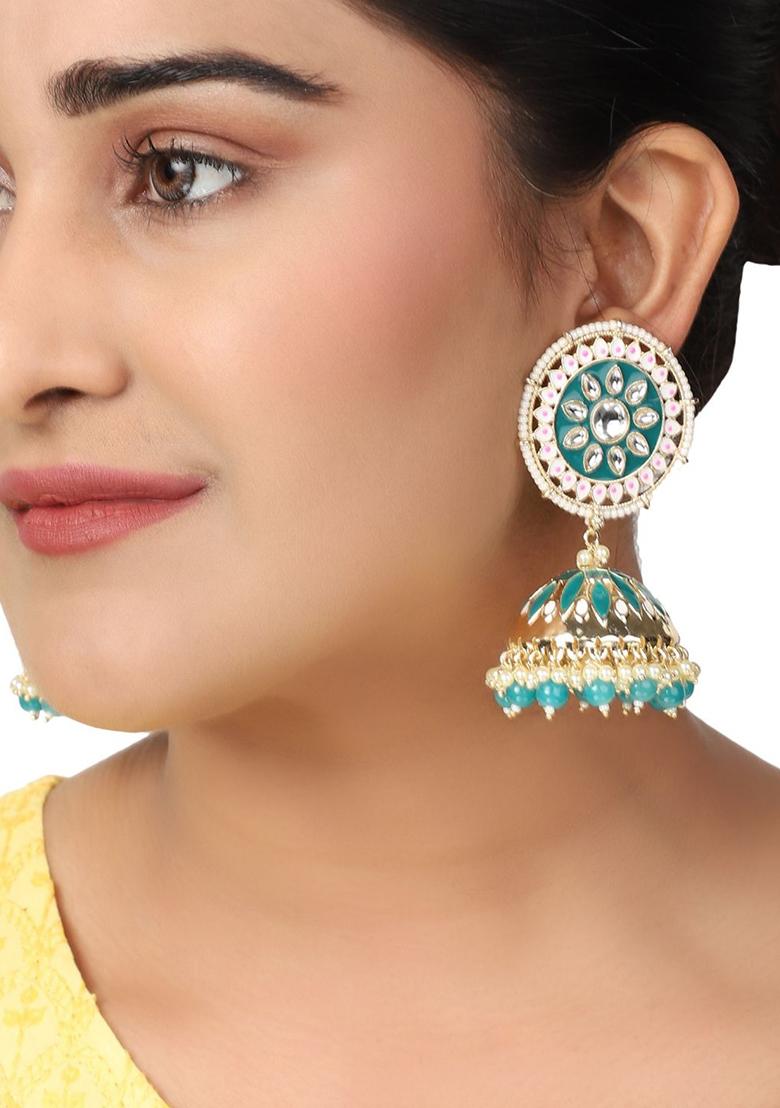 Ethnic Look Gold Tone Meenakari Green Floral Jhumka Earring