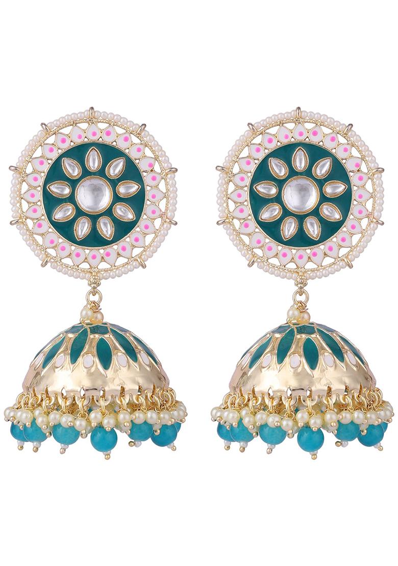 Ethnic Look Gold Tone Meenakari Green Floral Jhumka Earring