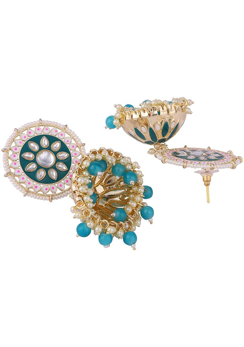 Ethnic Look Gold Tone Meenakari Green Floral Jhumka Earring