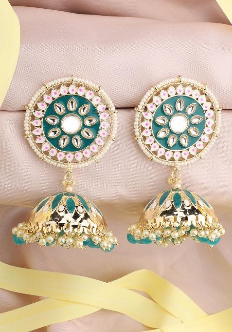 Ethnic Look Gold Tone Meenakari Green Floral Jhumka Earring