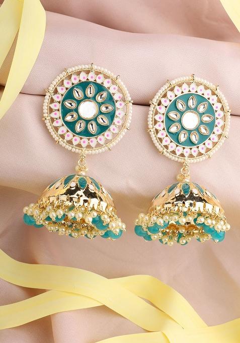 Ethnic Look Gold Tone Meenakari Green Floral Jhumka Earring