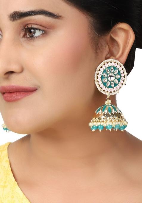 Ethnic Look Gold Tone Meenakari Green Floral Jhumka Earring