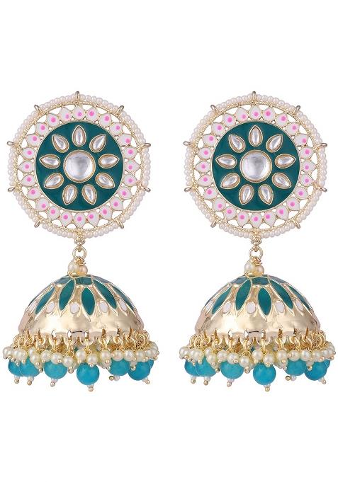 Ethnic Look Gold Tone Meenakari Green Floral Jhumka Earring