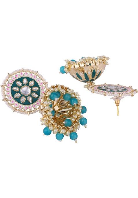 Ethnic Look Gold Tone Meenakari Green Floral Jhumka Earring