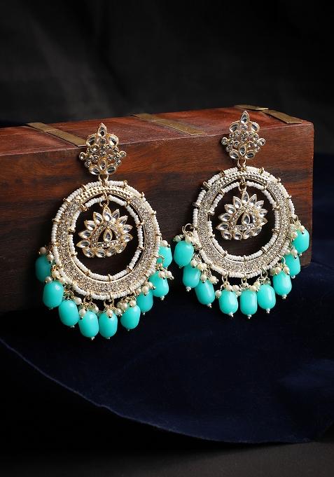 Designer Traditional Round Chandbali Aqua Blue Beaded Kundan Stone Earring