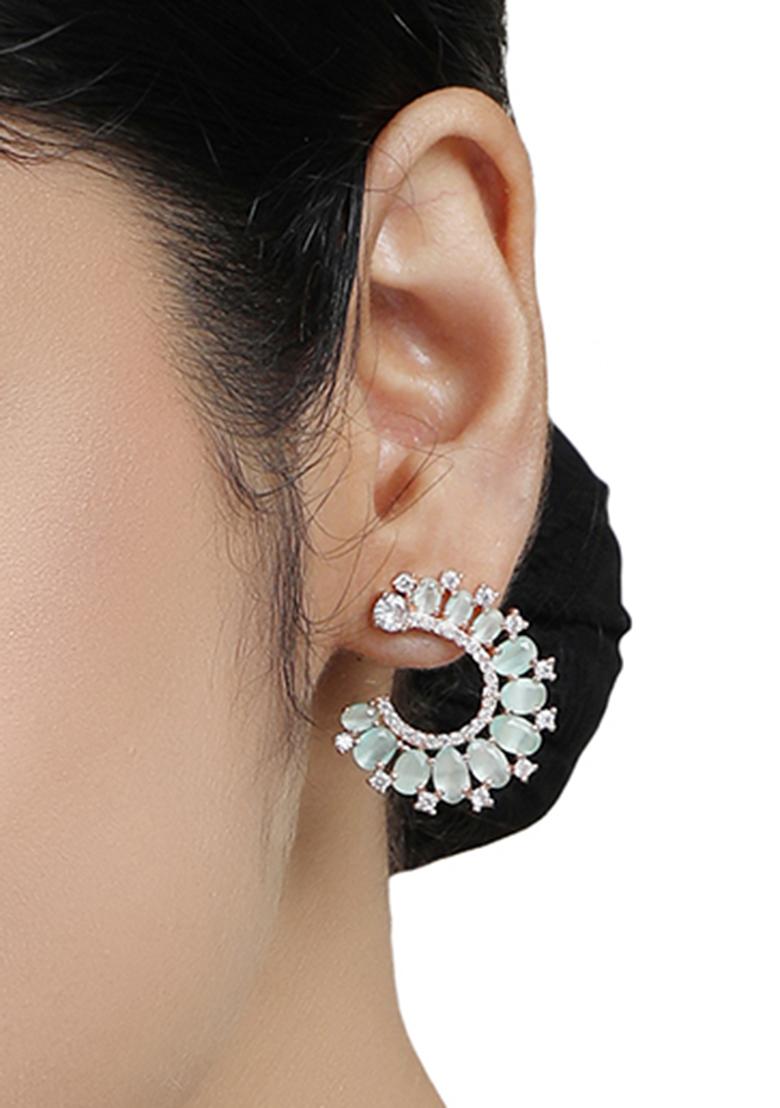 Classy Look Half Moon Mint And White American Diamond Earrings - Indya
