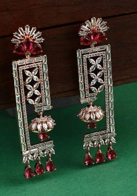 Red And White Geometric Shaped Floral Gold Plated American Diamond Earring