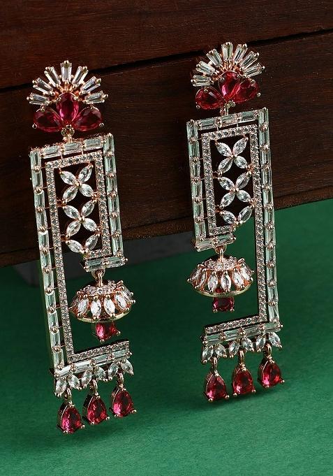 Red And White Geometric Shaped Floral Gold Plated American Diamond Earring