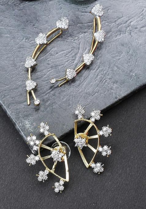 Set Of 2 Heart And Floral Design American Diamond Studded Earcuf