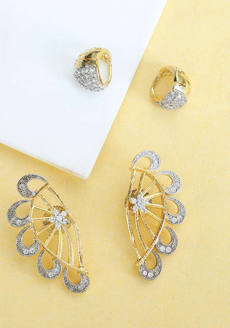 Set Of 2 Pair American Diamond Studded Earcuf And Small Huggies - Indya