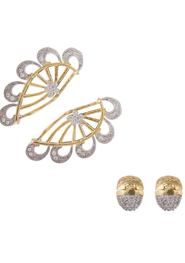 Set Of 2 Pair American Diamond Studded Earcuf And Small Huggies - Indya