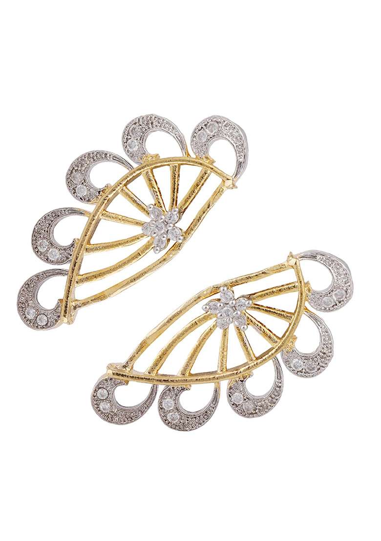 Set Of 2 Pair American Diamond Studded Earcuf And Small Huggies - Indya