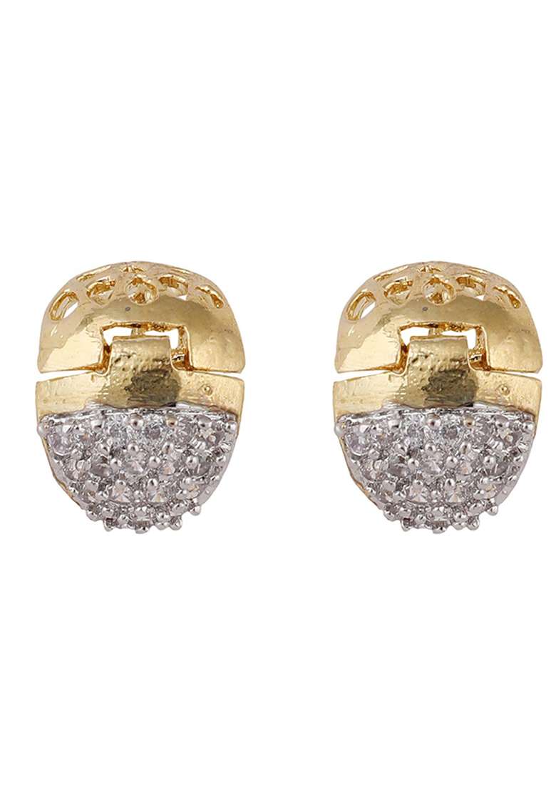 Set Of 2 Pair American Diamond Studded Earcuf And Small Huggies - Indya