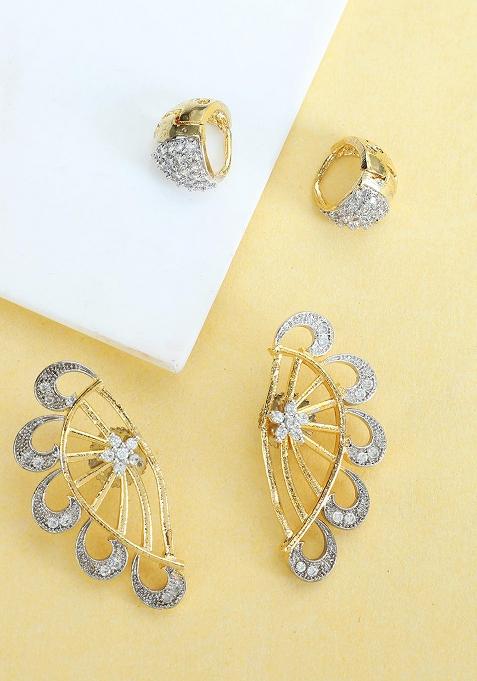 Set Of 2 Pair American Diamond Studded Earcuf And Small Huggies