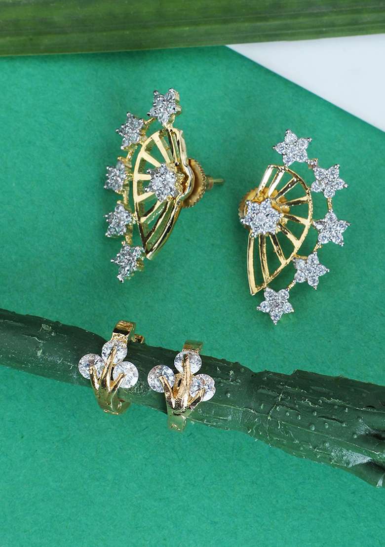 Combo Of 2 Pair American Diamond Studded Earcuf And Small Huggies - Indya