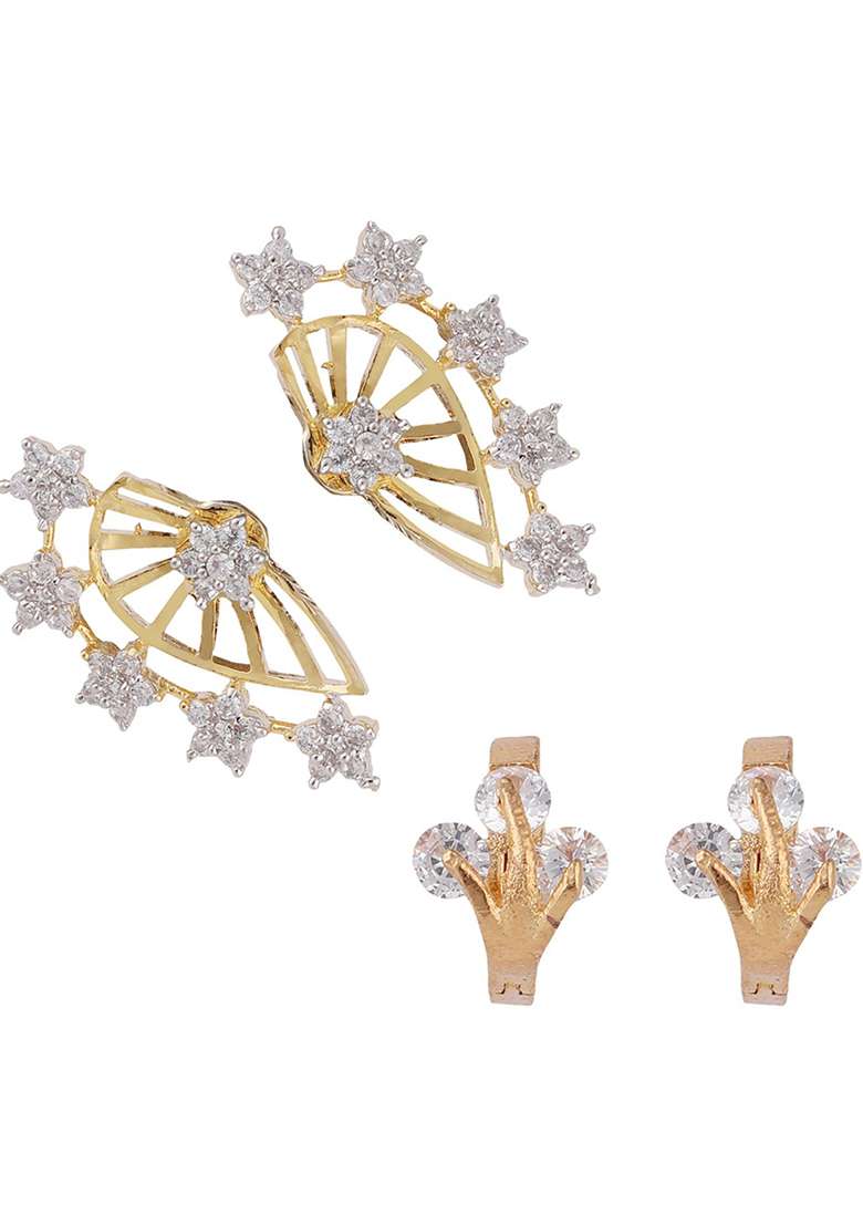 Combo Of 2 Pair American Diamond Studded Earcuf And Small Huggies - Indya