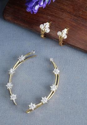 Decent American Diamond Studded Earcuf And Small Huggies Combo Of 2 Pair