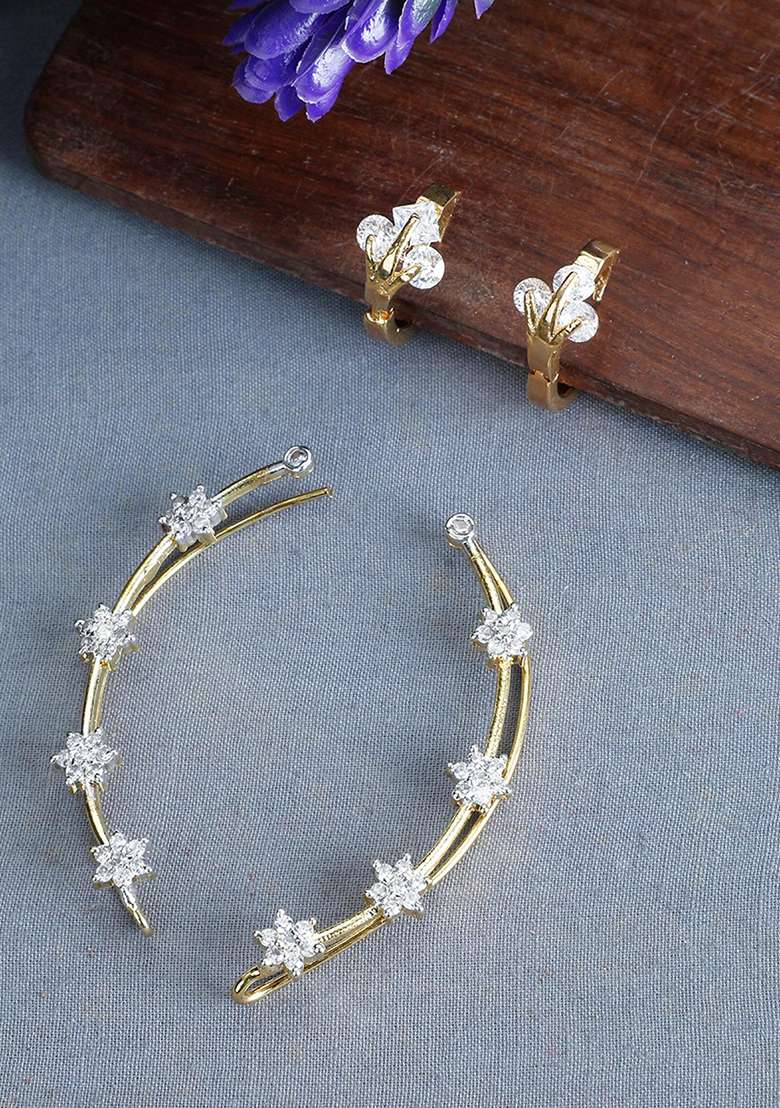 Decent American Diamond Studded Earcuf And Small Huggies Combo Of 2 Pair - Indya