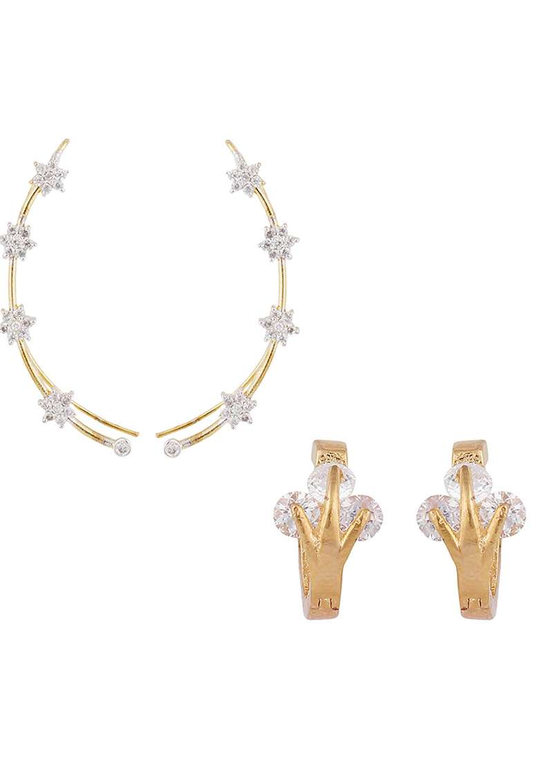 Decent American Diamond Studded Earcuf And Small Huggies Combo Of 2 Pair - Indya