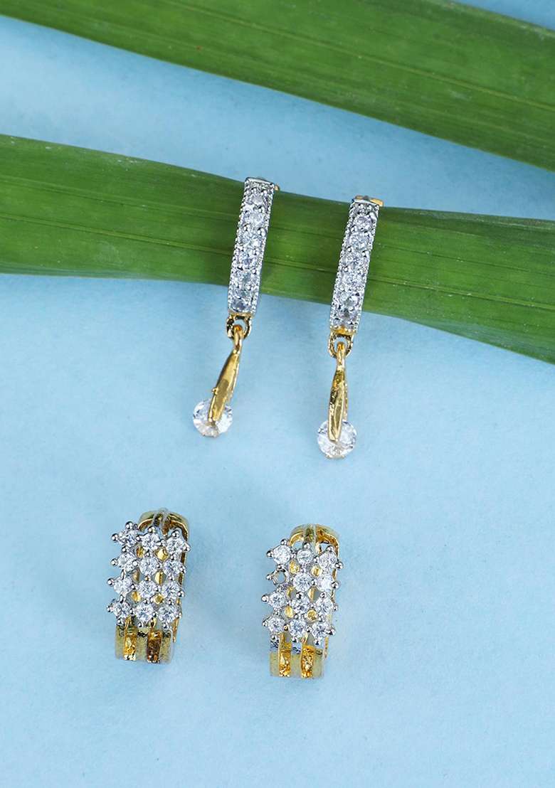 Elegant American Diamond Hoop Bali With Latkan And Small Huggies Combo Of 2 Pair - Indya