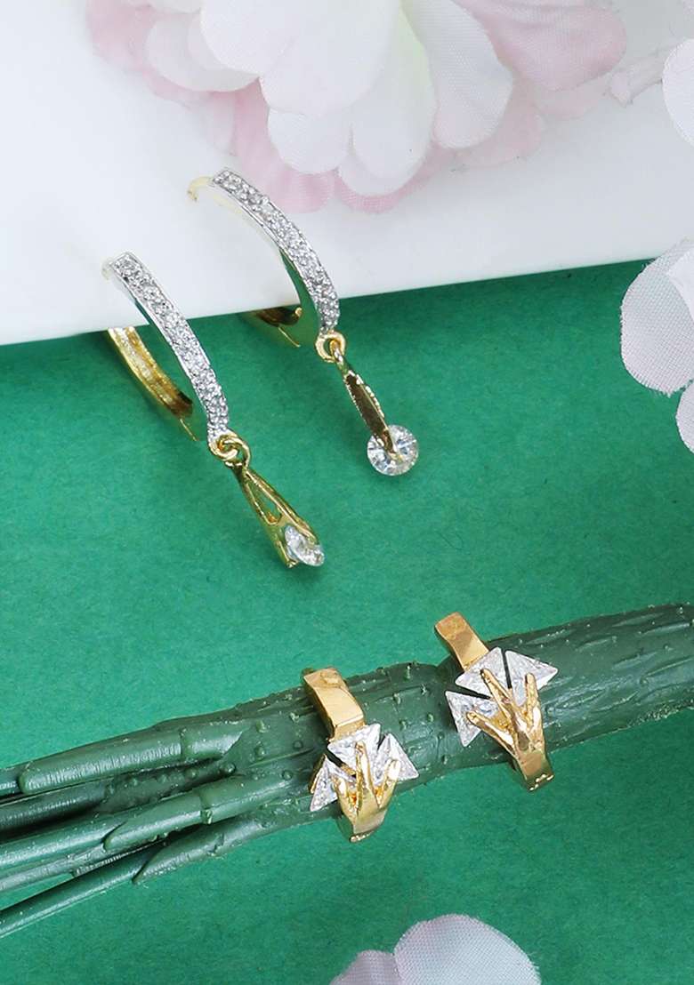 Stylish Combo Of 2 Pair American Diamond Hoop Bali With Latkan And Small Huggies - Indya