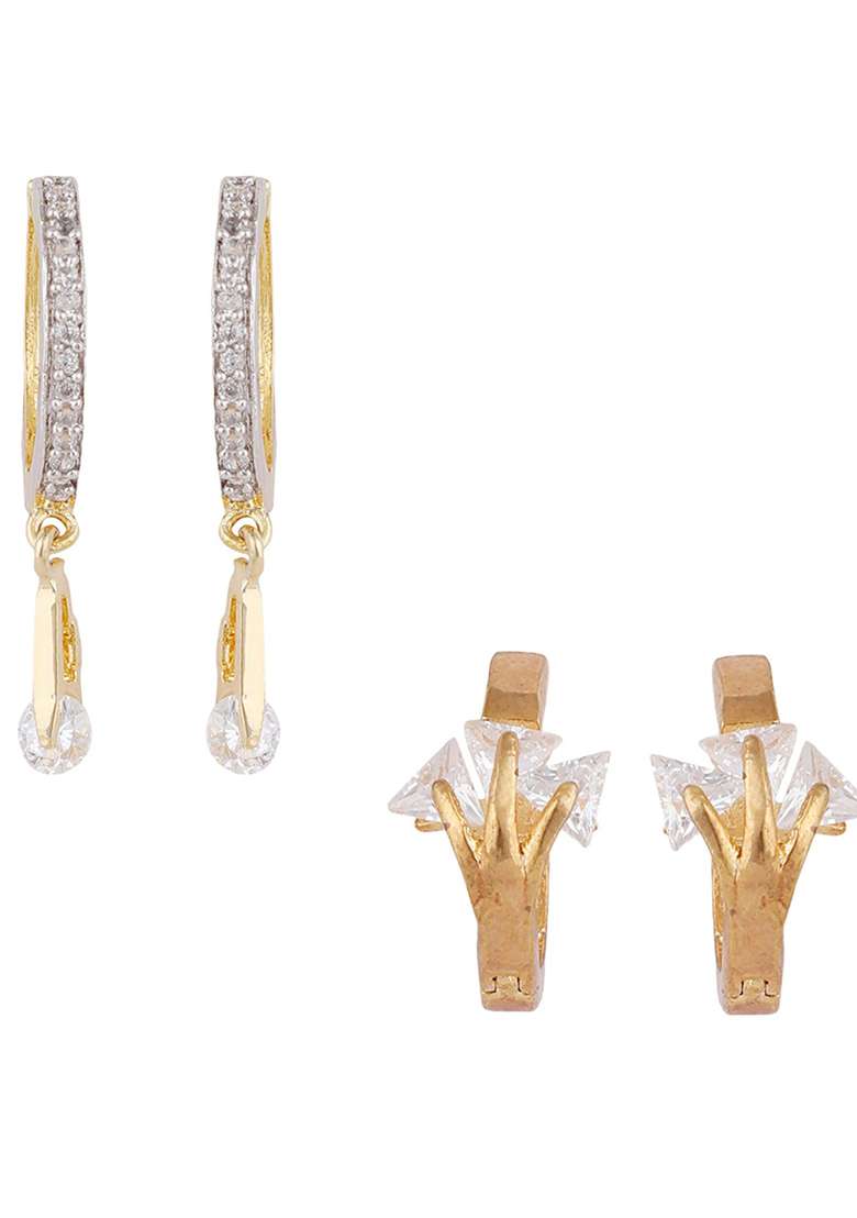 Stylish Combo Of 2 Pair American Diamond Hoop Bali With Latkan And Small Huggies - Indya