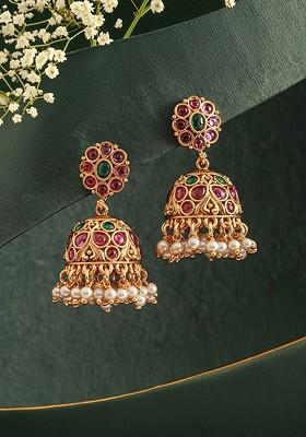 Gold Plated Contemporary Faux Ruby Jhumkas Earrings
