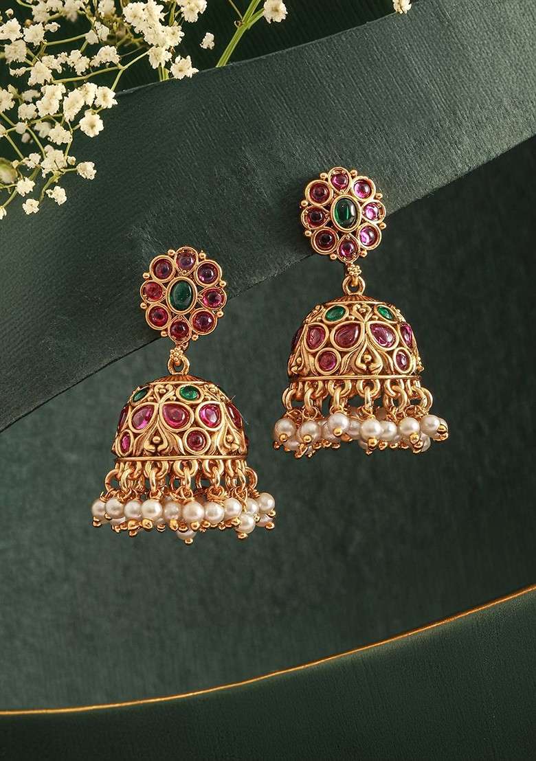 Gold Plated Contemporary Faux Ruby Jhumkas Earrings - Indya