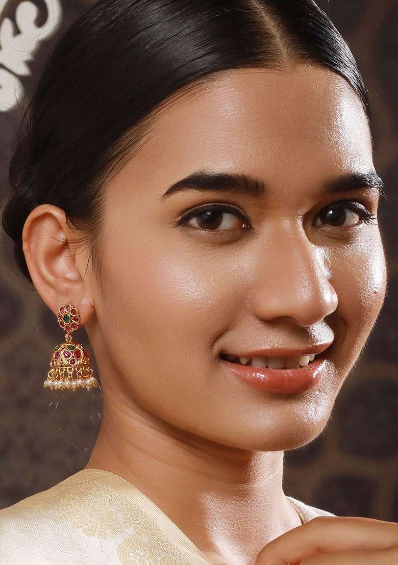 Gold Plated Contemporary Faux Ruby Jhumkas Earrings - Indya