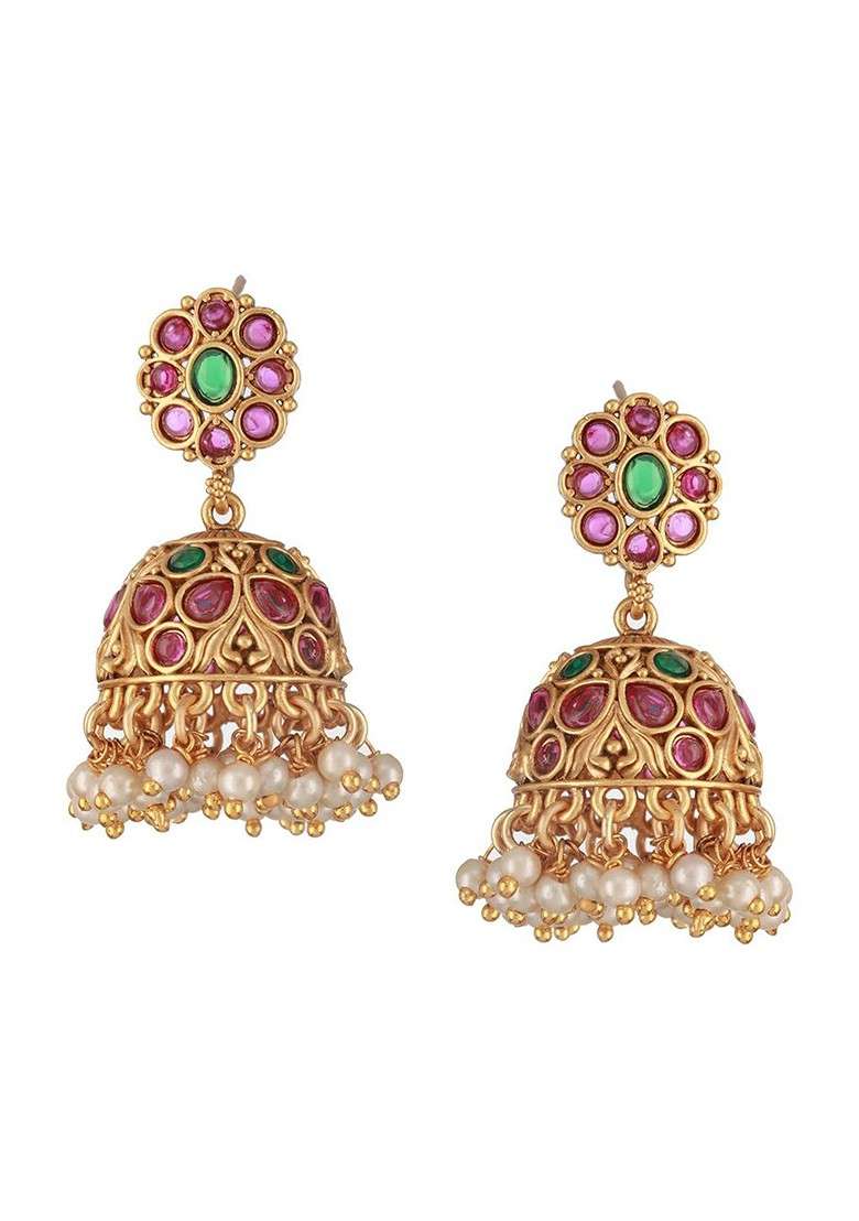 Gold Plated Contemporary Faux Ruby Jhumkas Earrings - Indya