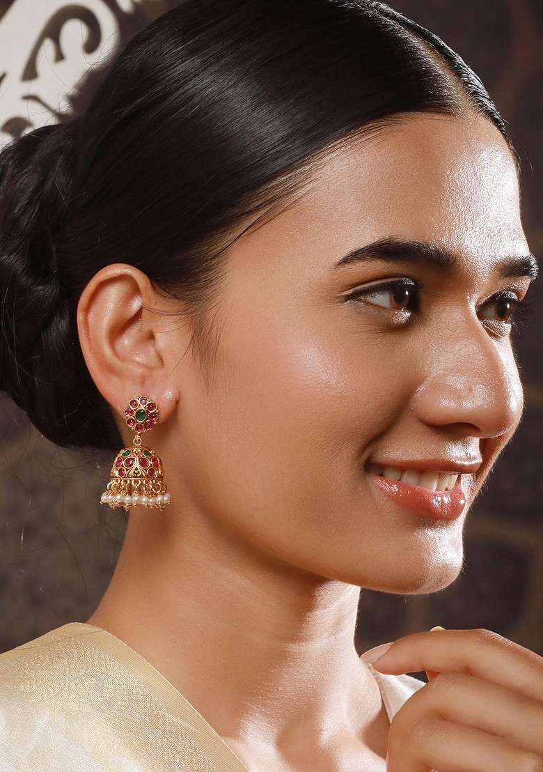 Gold Plated Contemporary Faux Ruby Jhumkas Earrings - Indya