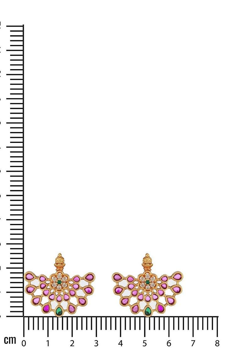 24Ct Gold Plated Ruby And American Diamond Crescent Shaped Temple Studs - Indya