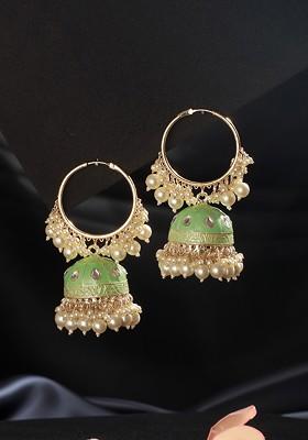 Gold Plated Dome Shaped Kundan Studded And Pearls Meenakari Hoop Earrings