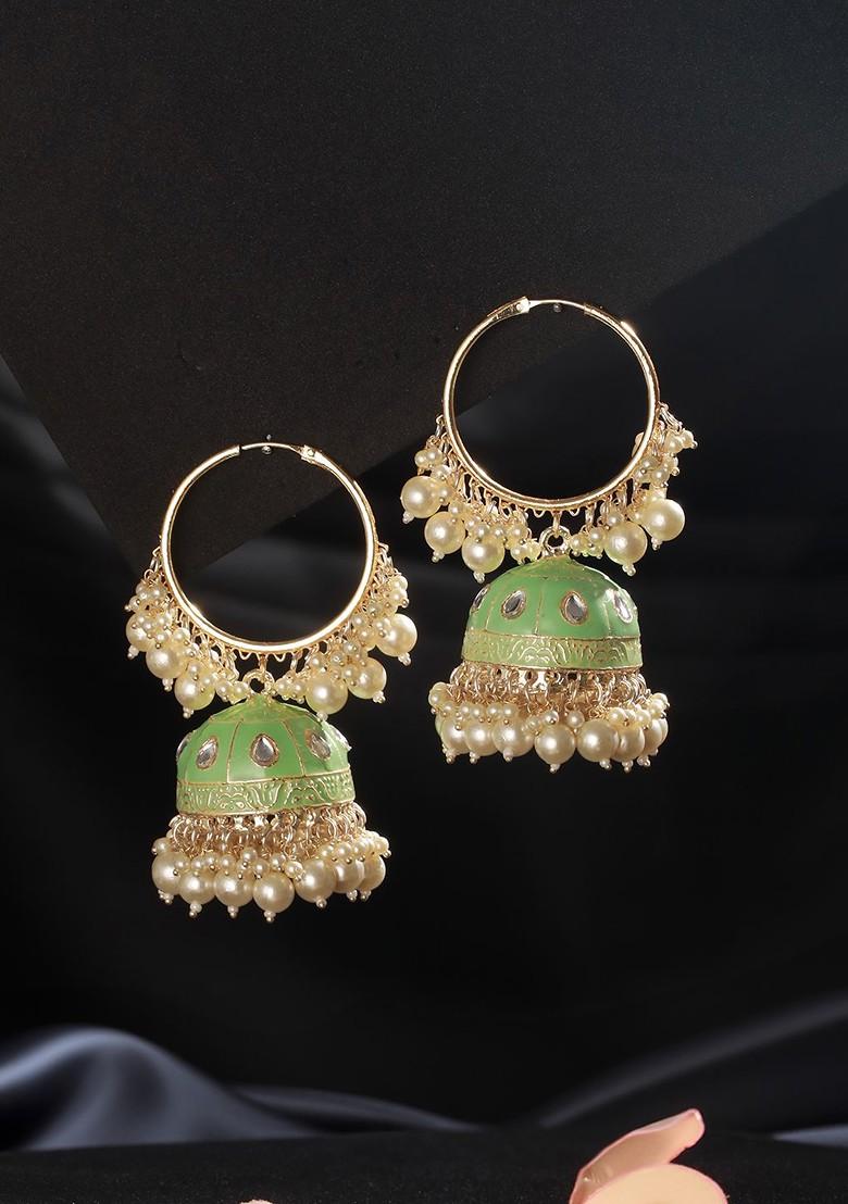 Gold Plated Dome Shaped Kundan Studded And Pearls Meenakari Hoop Earrings