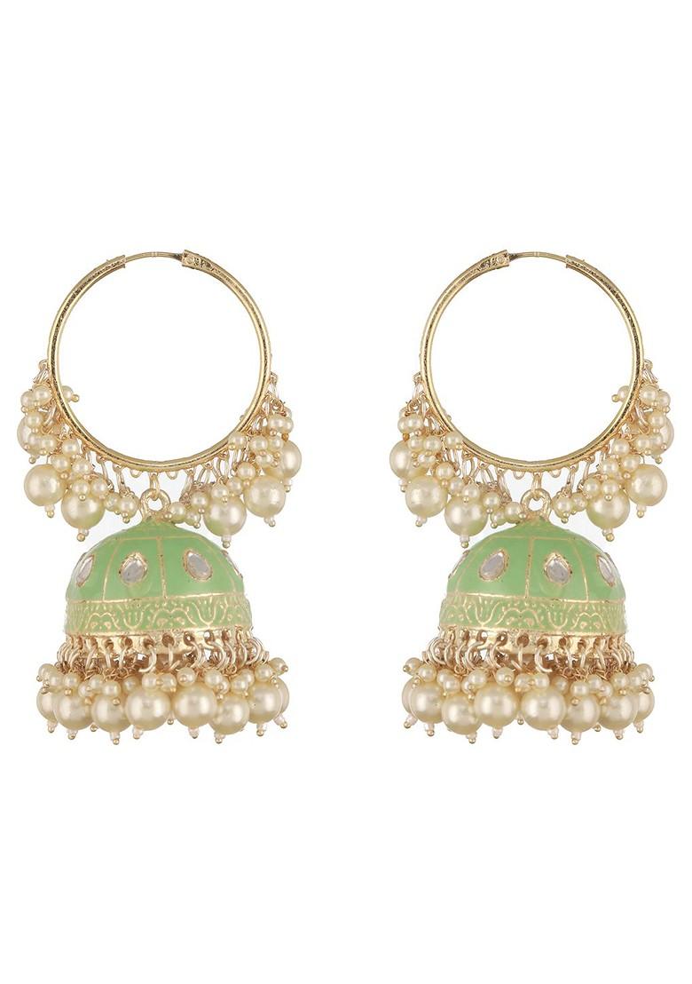 Gold Plated Dome Shaped Kundan Studded And Pearls Meenakari Hoop Earrings - Indya
