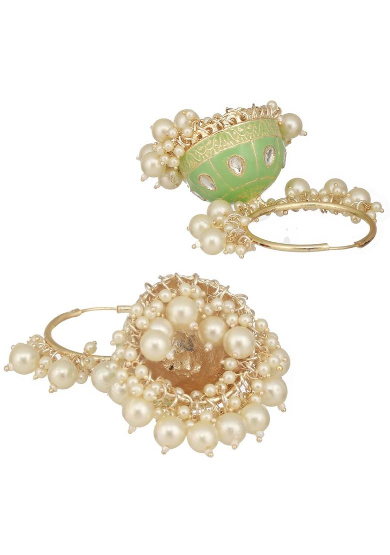 Gold Plated Dome Shaped Kundan Studded And Pearls Meenakari Hoop Earrings