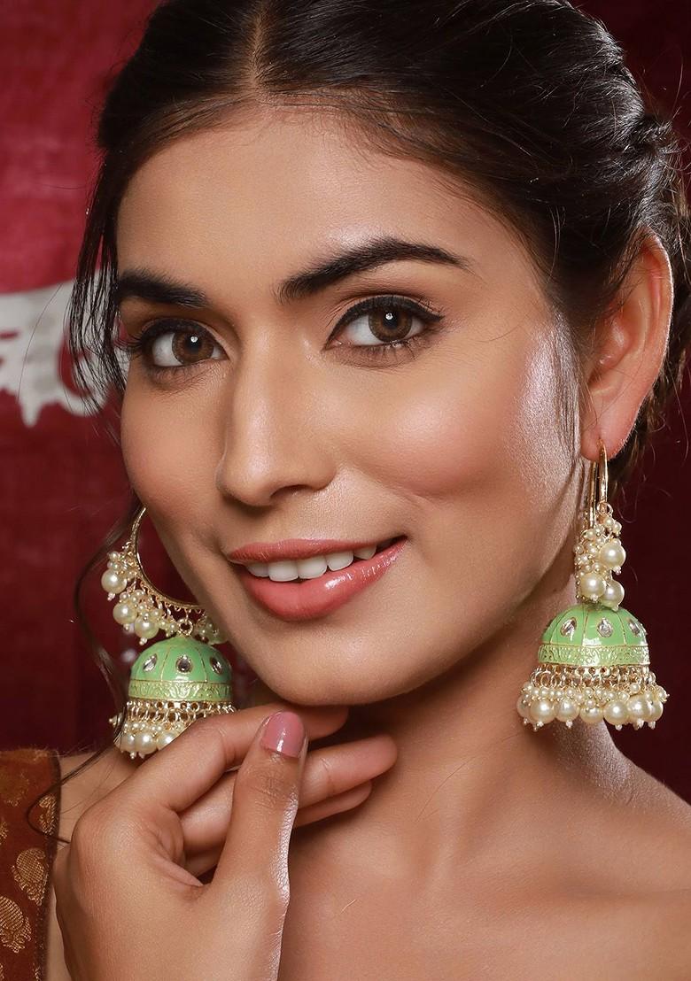 Gold Plated Dome Shaped Kundan Studded And Pearls Meenakari Hoop Earrings - Indya