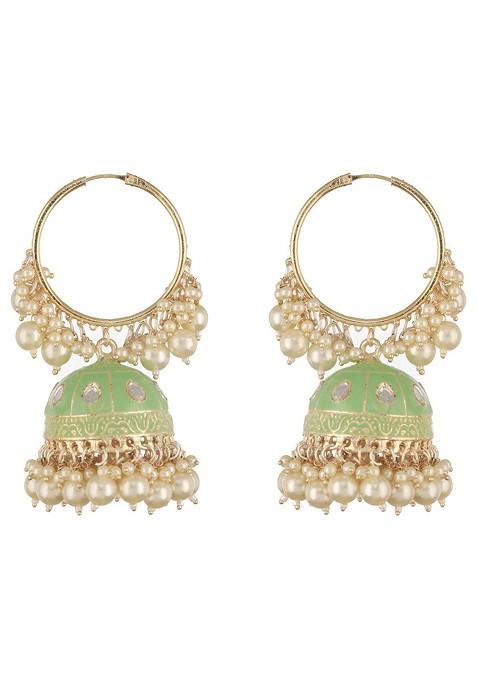 Gold Plated Dome Shaped Kundan Studded And Pearls Meenakari Hoop Earrings