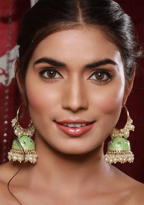 Gold Plated Dome Shaped Kundan Studded And Pearls Meenakari Hoop Earrings
