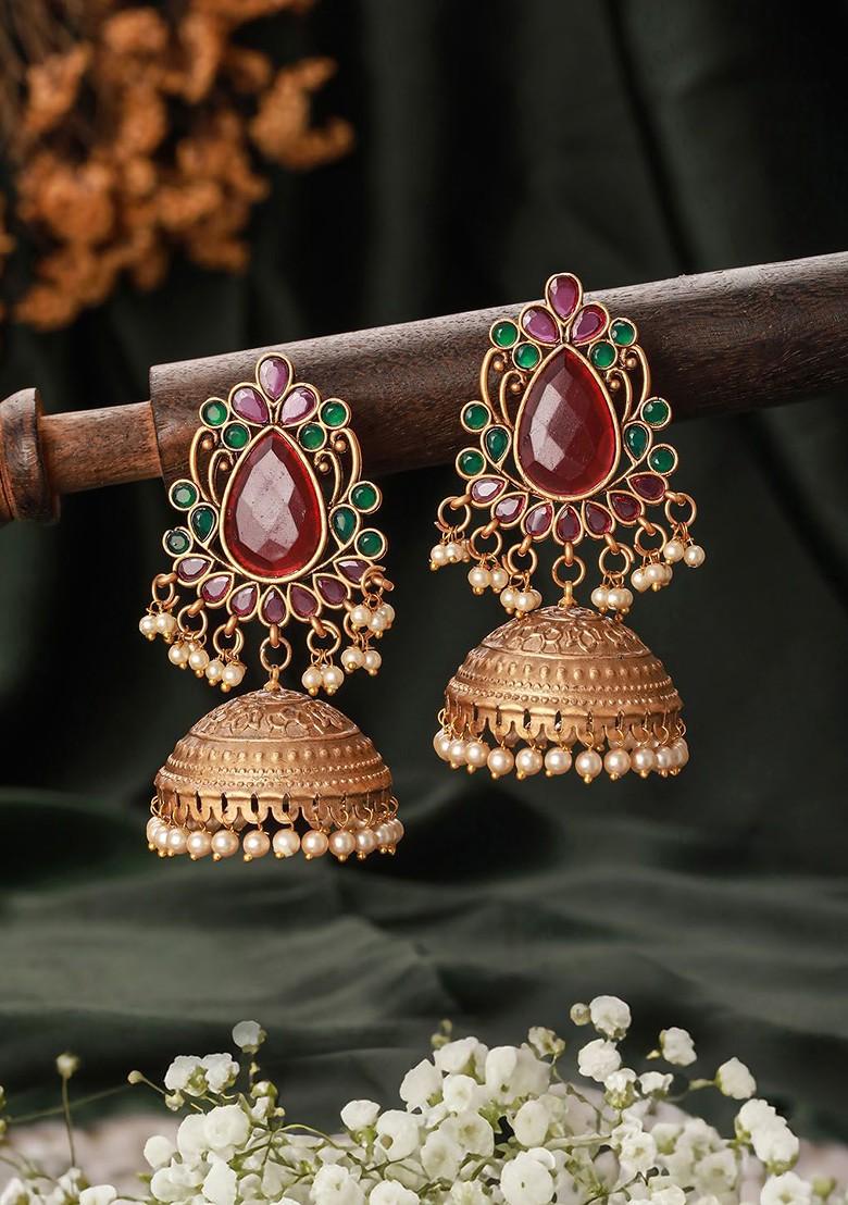 Gold Plated Dome Shaped Beaded Jhumkas - Indya