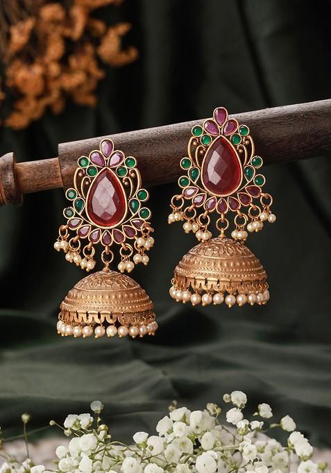 Gold Plated Dome Shaped Beaded Jhumkas