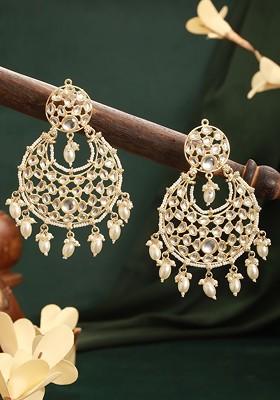Gold Plated Kundan Studded And Beaded Crescent Shaped Chandbalis