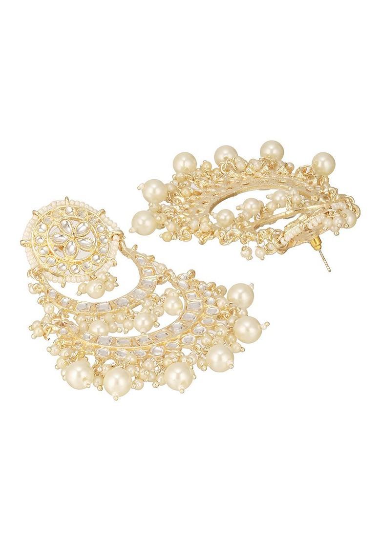 Gold Plated Kundan Studded And Beaded Contemporary Shaped Chandbalis