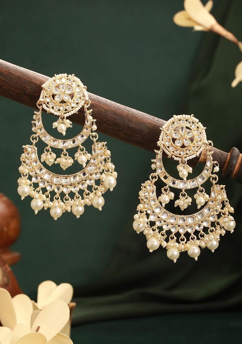 Gold Plated Kundan Studded And Beaded Contemporary Shaped Chandbalis