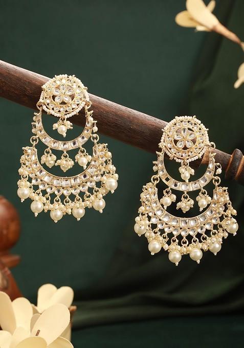 Gold Plated Kundan Studded And Beaded Contemporary Shaped Chandbalis