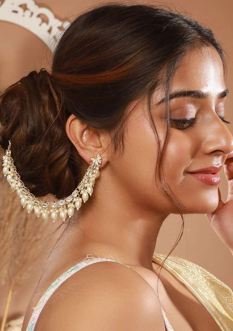 Gold Plated Pearls Beaded Classic Ear Chain - Indya