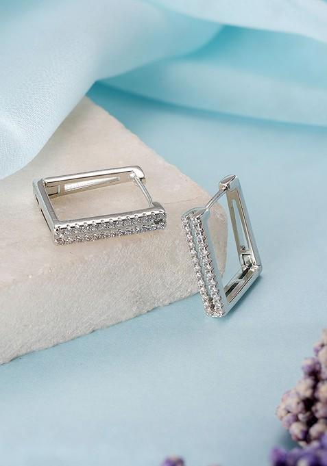 Rhodium Plated American Diamond Geometric Hoop Earrings
