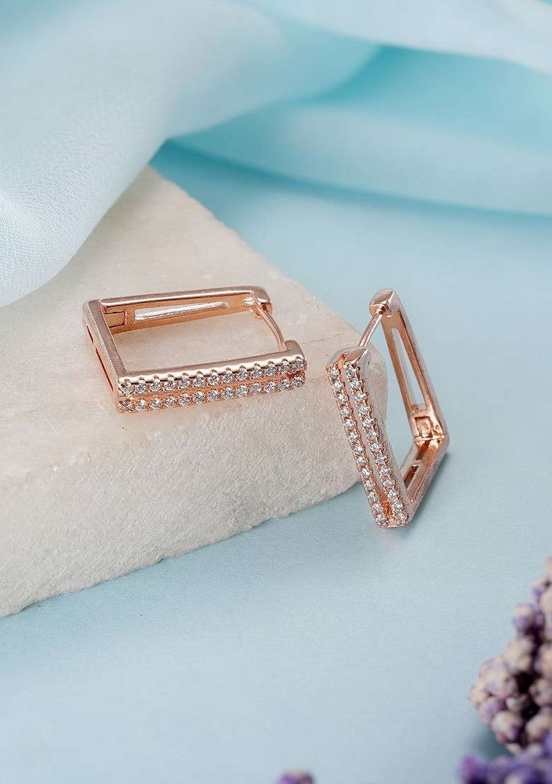 Rose Gold Plated American Diamond Studded Contemporary Hoop Earrings - Indya