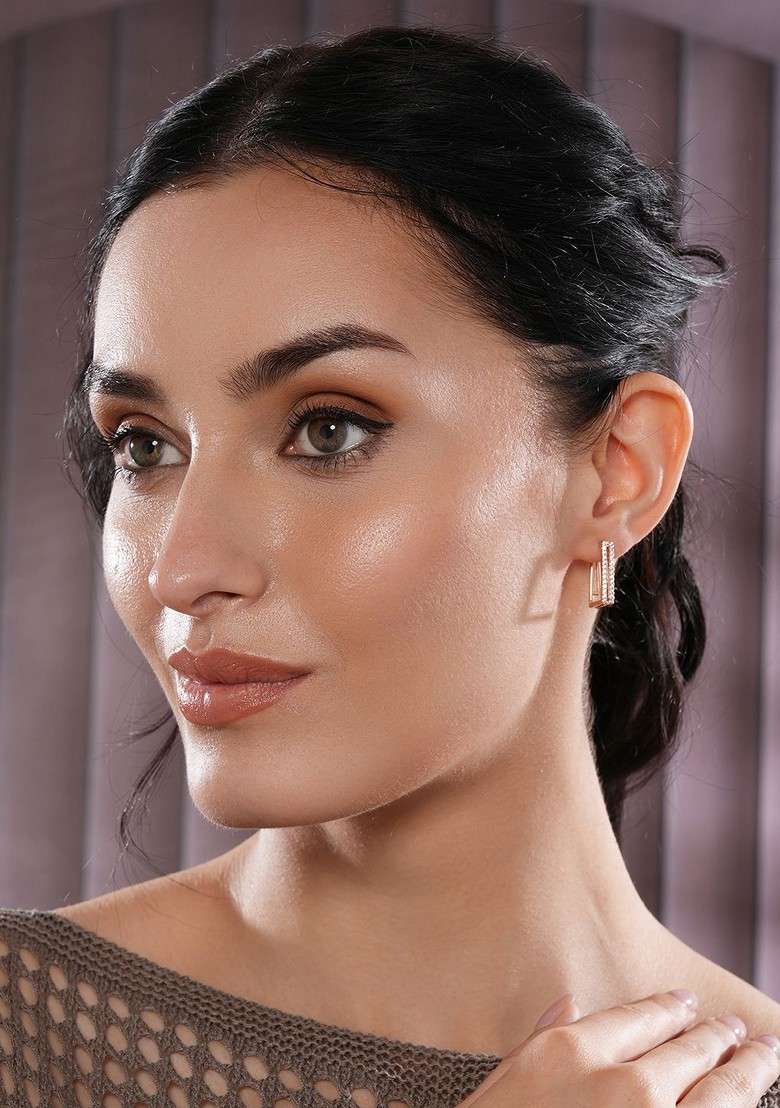 Rose Gold Plated American Diamond Studded Contemporary Hoop Earrings - Indya